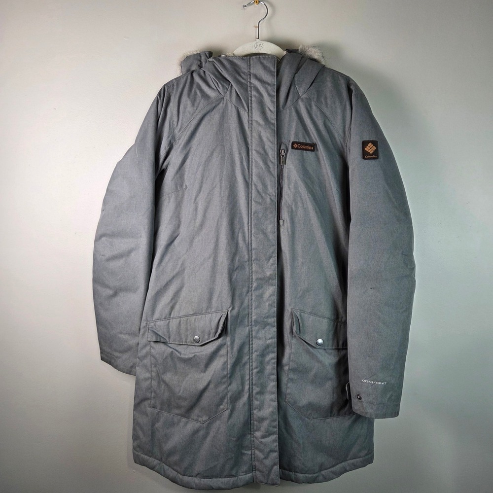 Columbia Omni-Heat Parka Women Large Gray Excellent Faux Fur Hood WL0885 Jacket